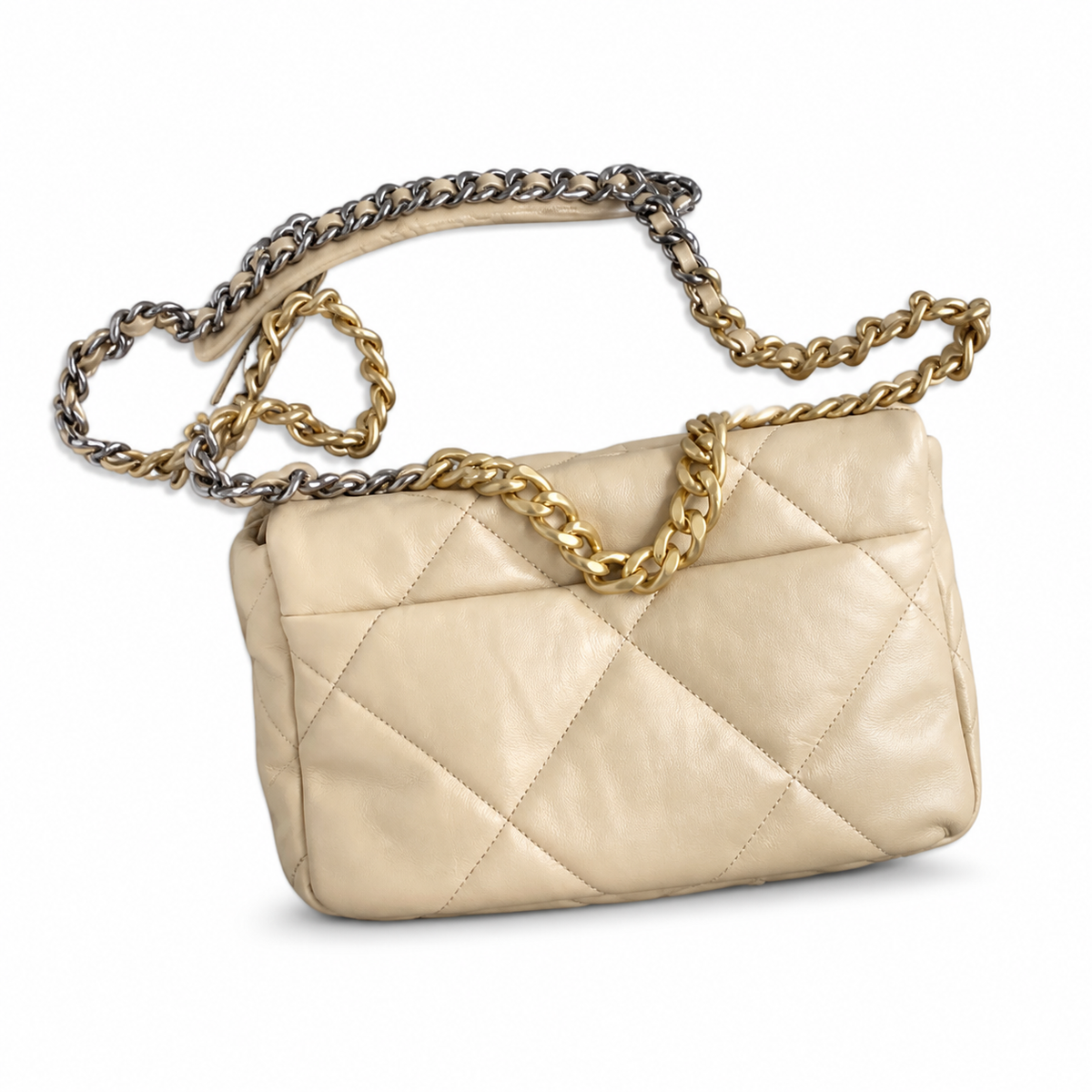 Chanel 19 Large Flap Bag Beige Cream Quilted Lambskin Mixed Metal Chain CC Turn-Lock 26cm