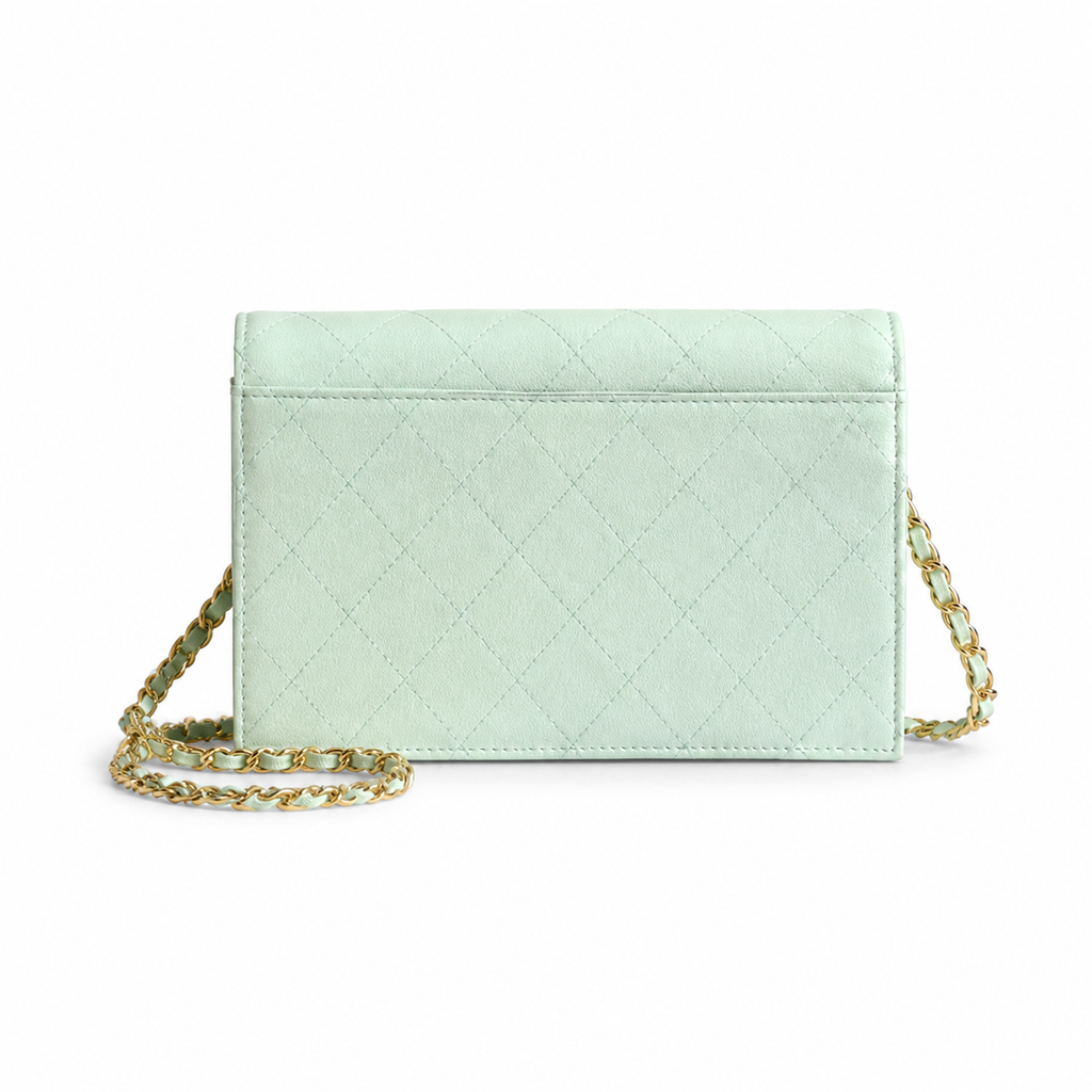 Chanel CC Filigree Wallet on Chain WOC Mint Green Quilted Leather Gold Chain Crossbody 19cm