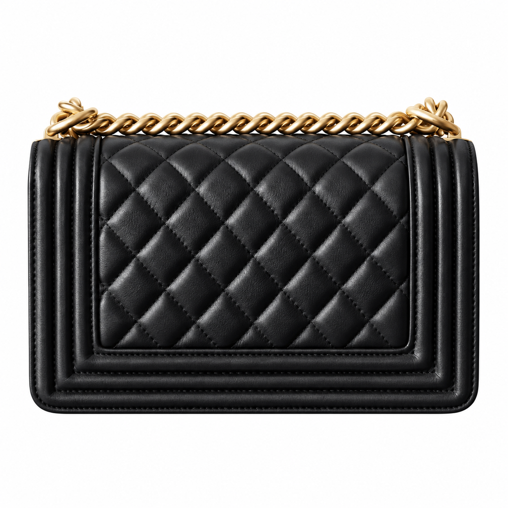 Chanel Boy Bag Small Black Quilted Lambskin Aged Gold Hardware Chunky Chain CHANEL Logo Plate 20cm
