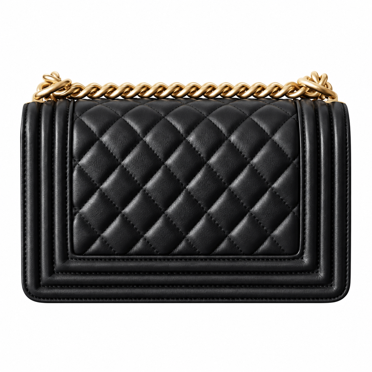 Chanel Boy Bag Small Black Quilted Lambskin Aged Gold Hardware Chunky Chain CHANEL Logo Plate 20cm
