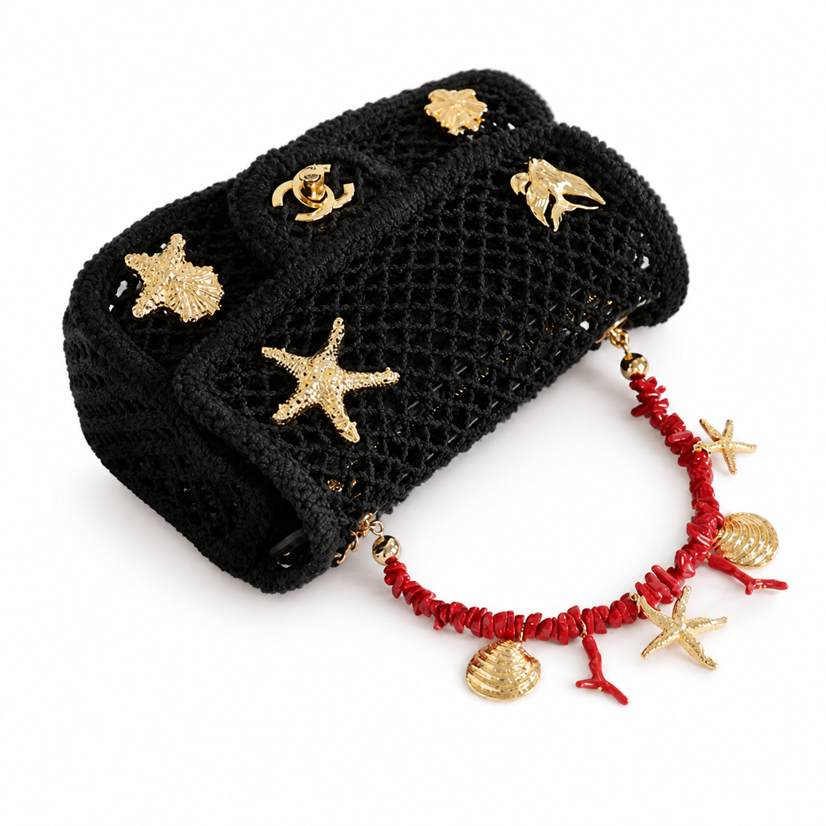 Chanel Black Mesh Flap Bag Gold Sea Creature Charms Red Coral Chain Cruise