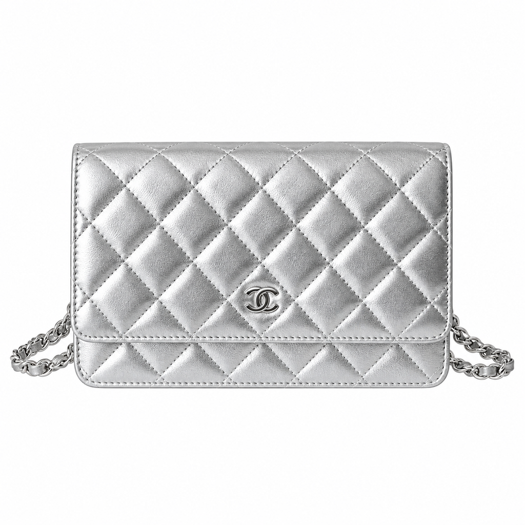 Chanel Wallet on Chain (WOC) | Silver Metallic Quilted Leather Silver Hardware | 19cm