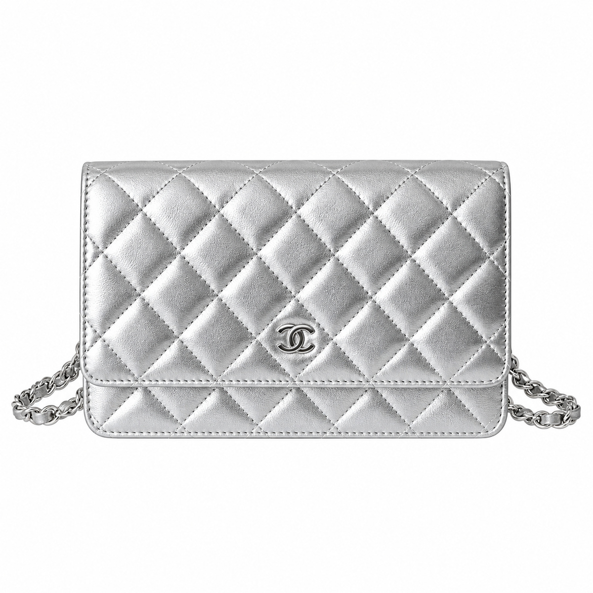 Chanel Wallet on Chain (WOC) | Silver Metallic Quilted Leather Silver Hardware | 19cm