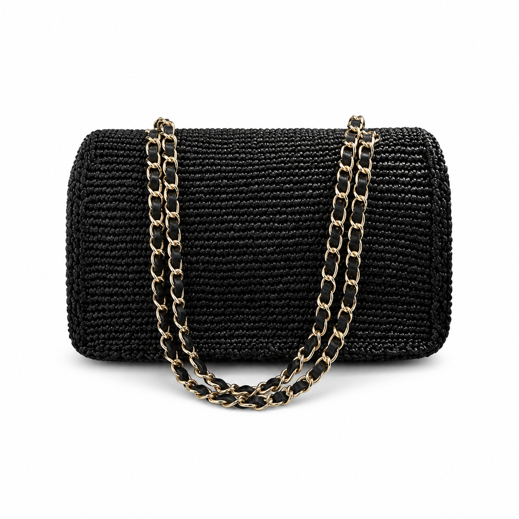 Chanel Black Raffia Woven Classic Flap Shoulder Bag | Gold CC Turn-Lock | Chain Strap | 16×25.5×7cm