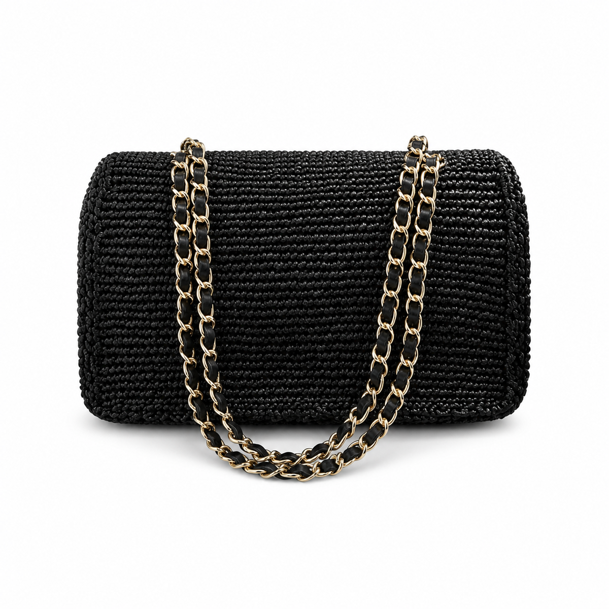 Chanel Black Raffia Woven Classic Flap Shoulder Bag | Gold CC Turn-Lock | Chain Strap | 16×25.5×7cm