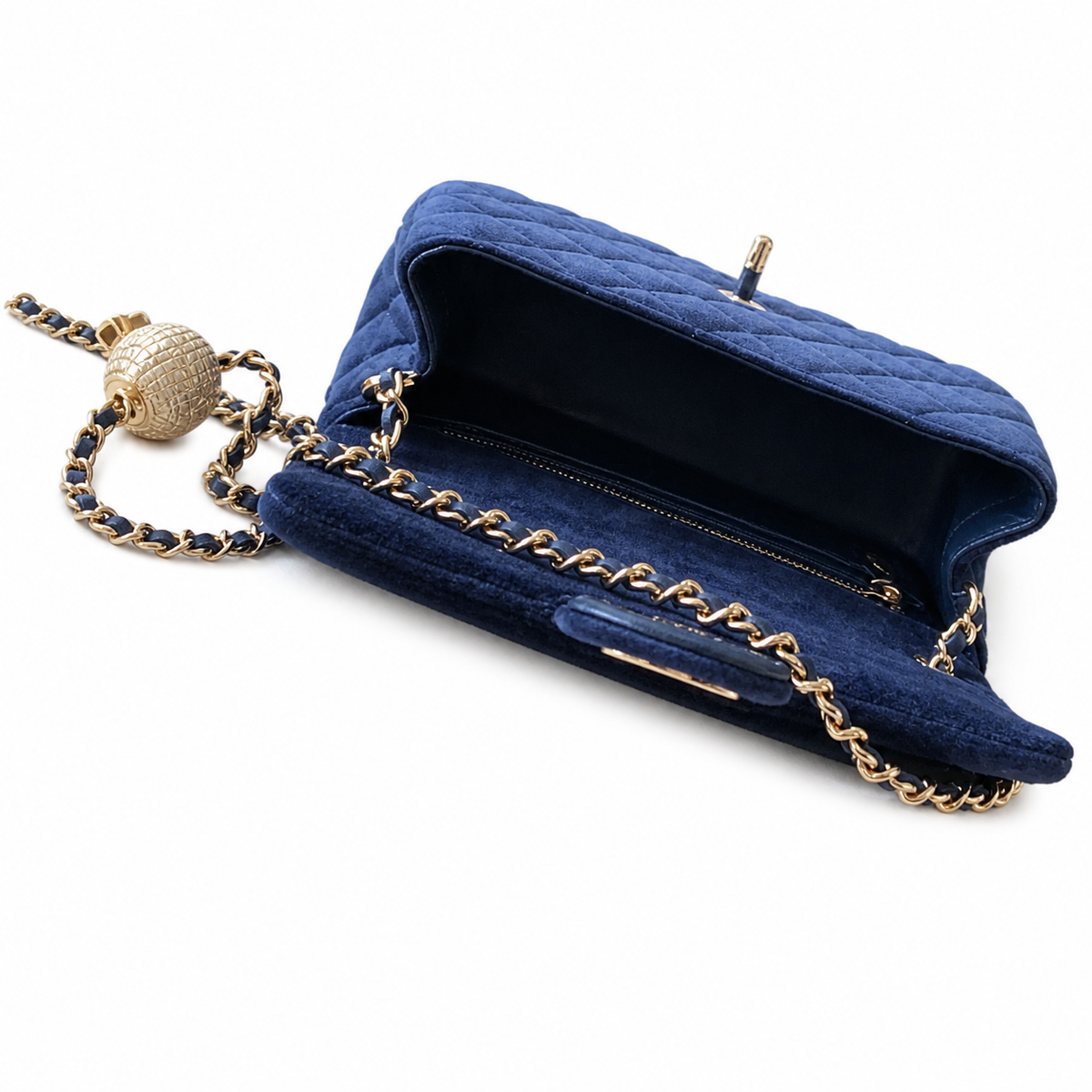Chanel Pearl Crush Mini Square Flap Bag Navy Blue Velvet Gold Pearl Chain 18cm