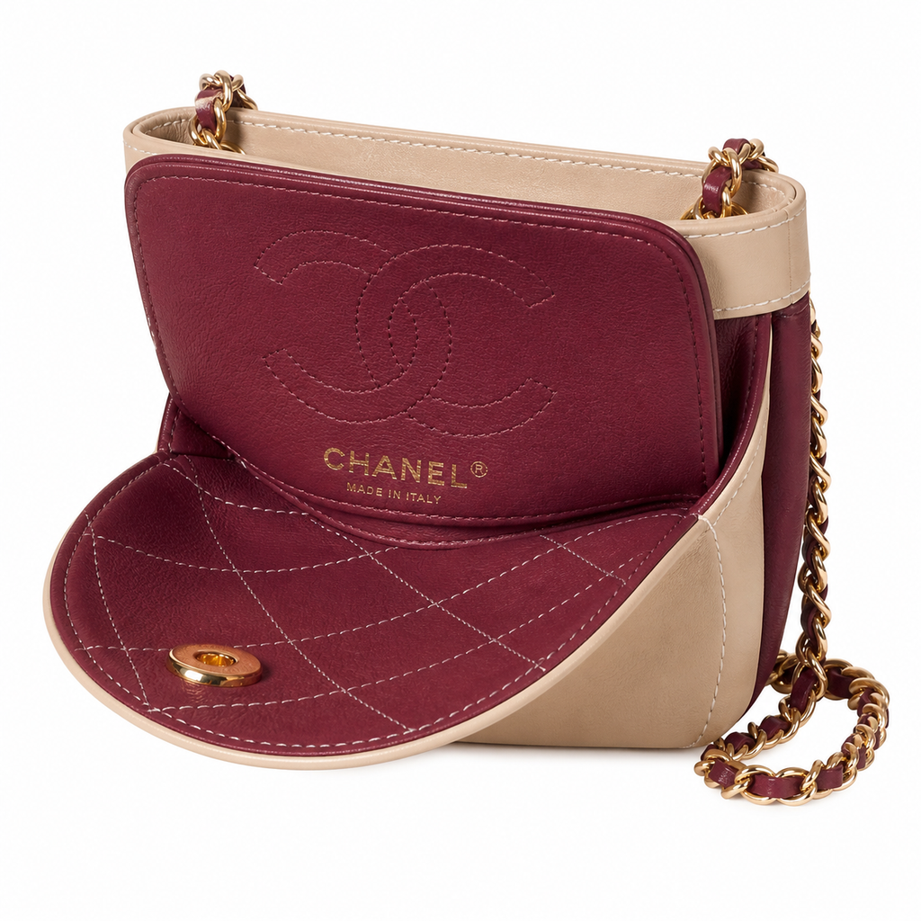 Chanel Mini Box Bag | Beige & Burgundy Bicolor Quilted Leather Gold Chain | Made in Italy | 23cm