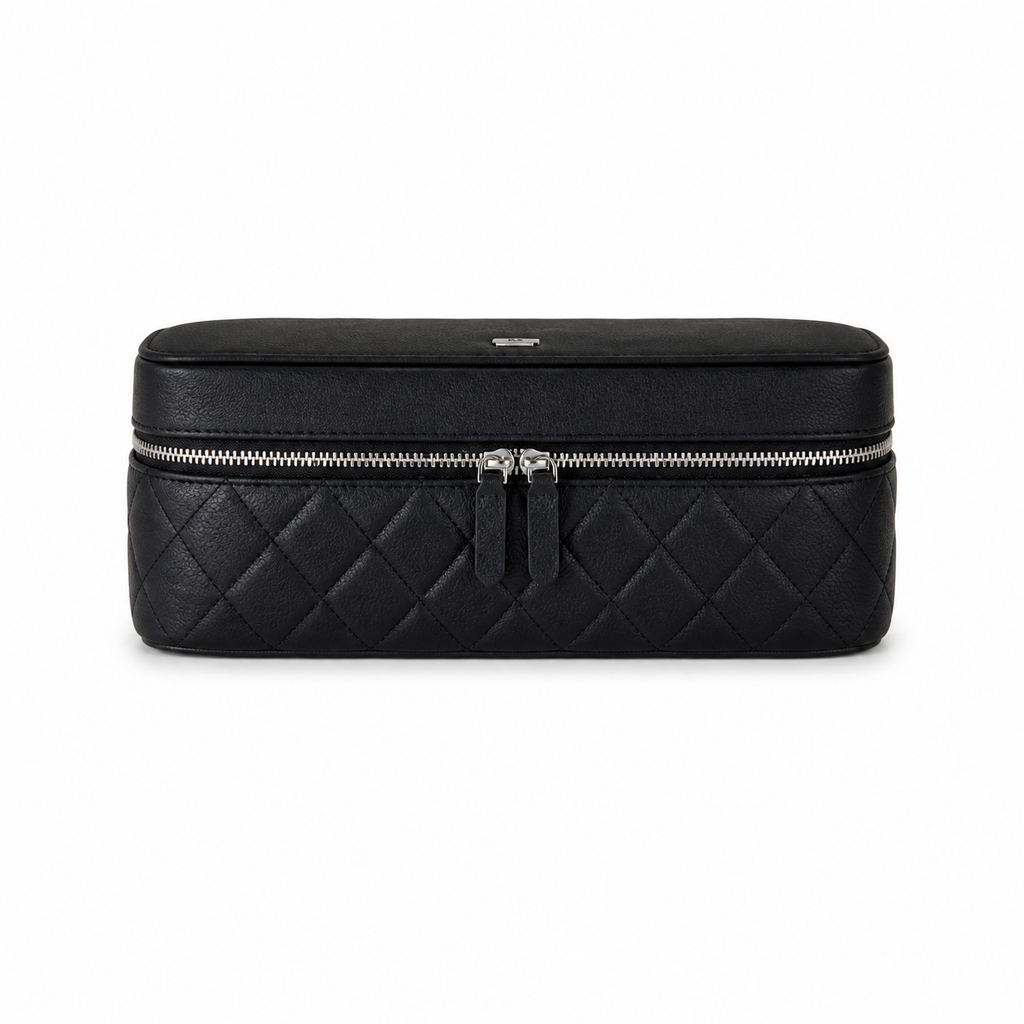 Chanel Black Caviar Quilted Elongated Long Vanity Case Silver CC Logo Double Zipper Silver Hardware 26cm