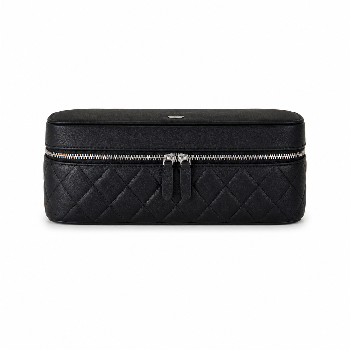 Chanel Black Caviar Quilted Elongated Long Vanity Case Silver CC Logo Double Zipper Silver Hardware 26cm