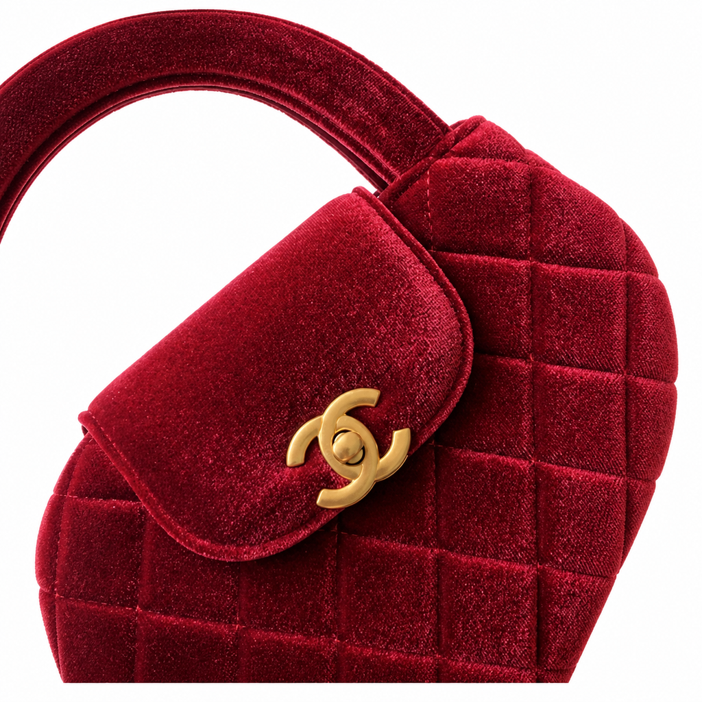 Chanel Red Velvet Quilted Heart Bag Gold CC Flap Top Handle
