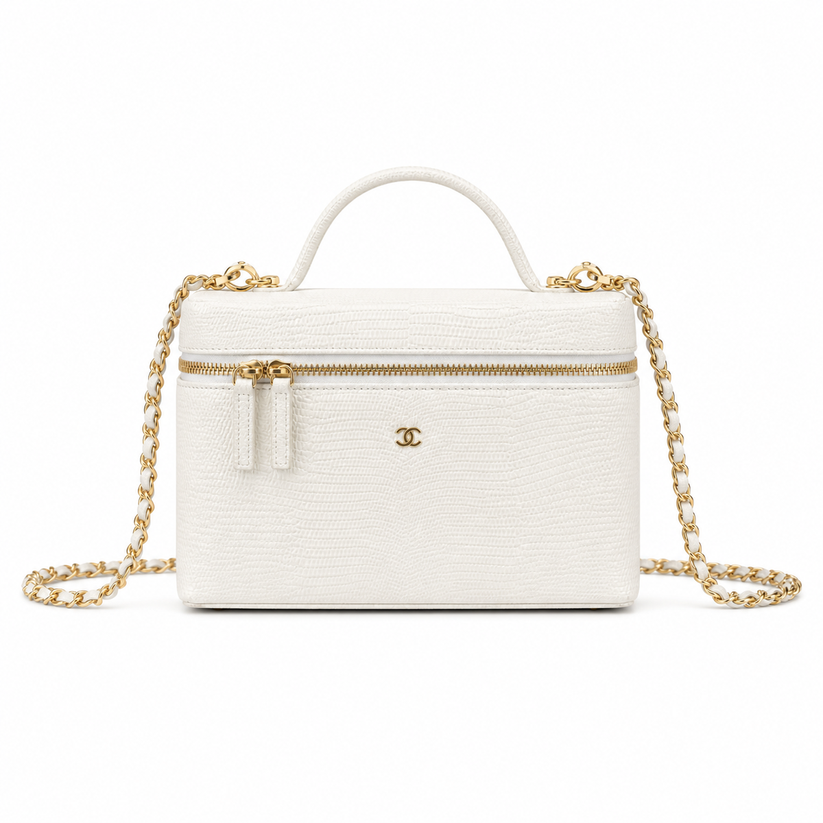 CHANEL White Croc-Embossed Leather Vanity Case Top Handle Chain Bag