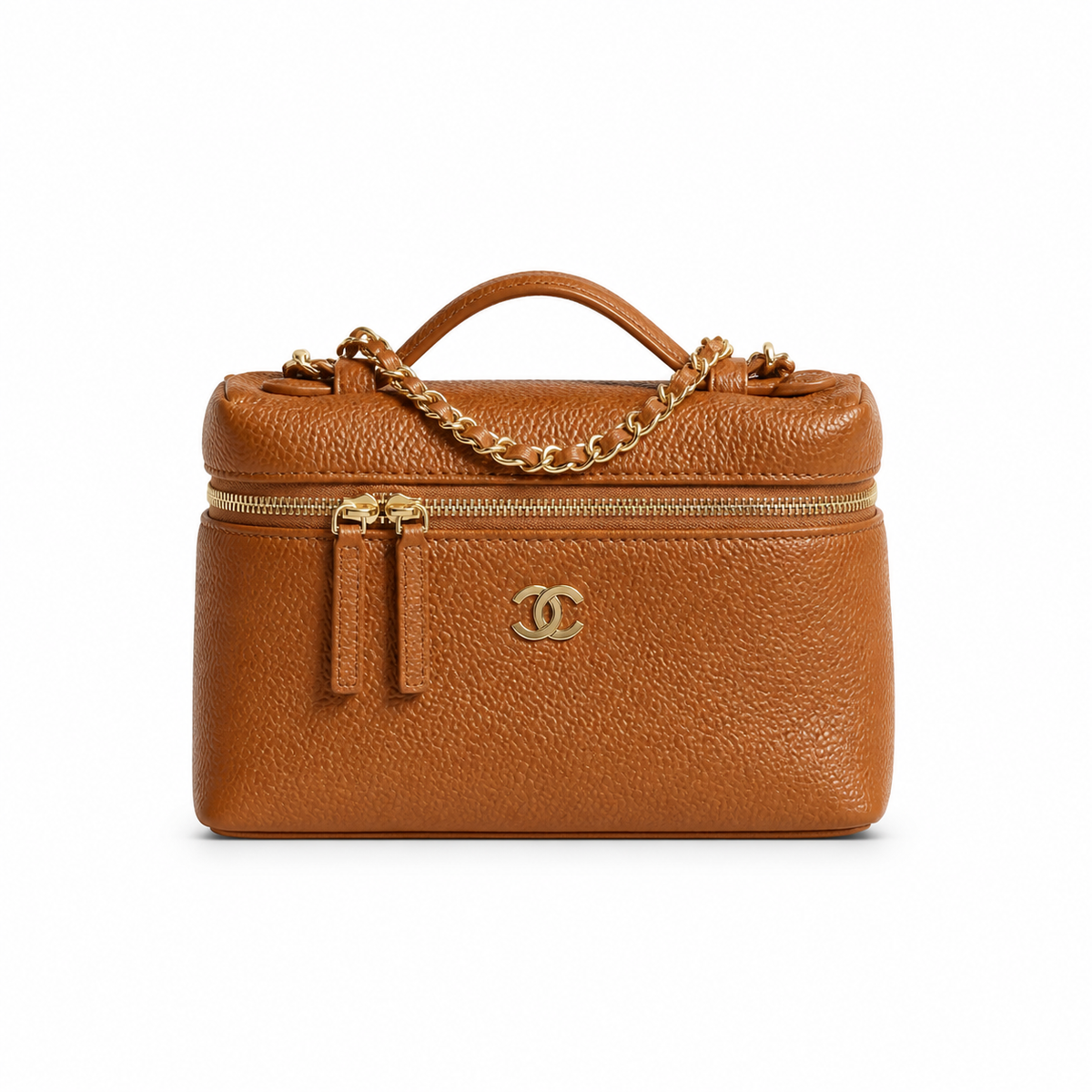 CHANEL Caramel Brown Caviar Leather Vanity Case Top Handle Chain Bag