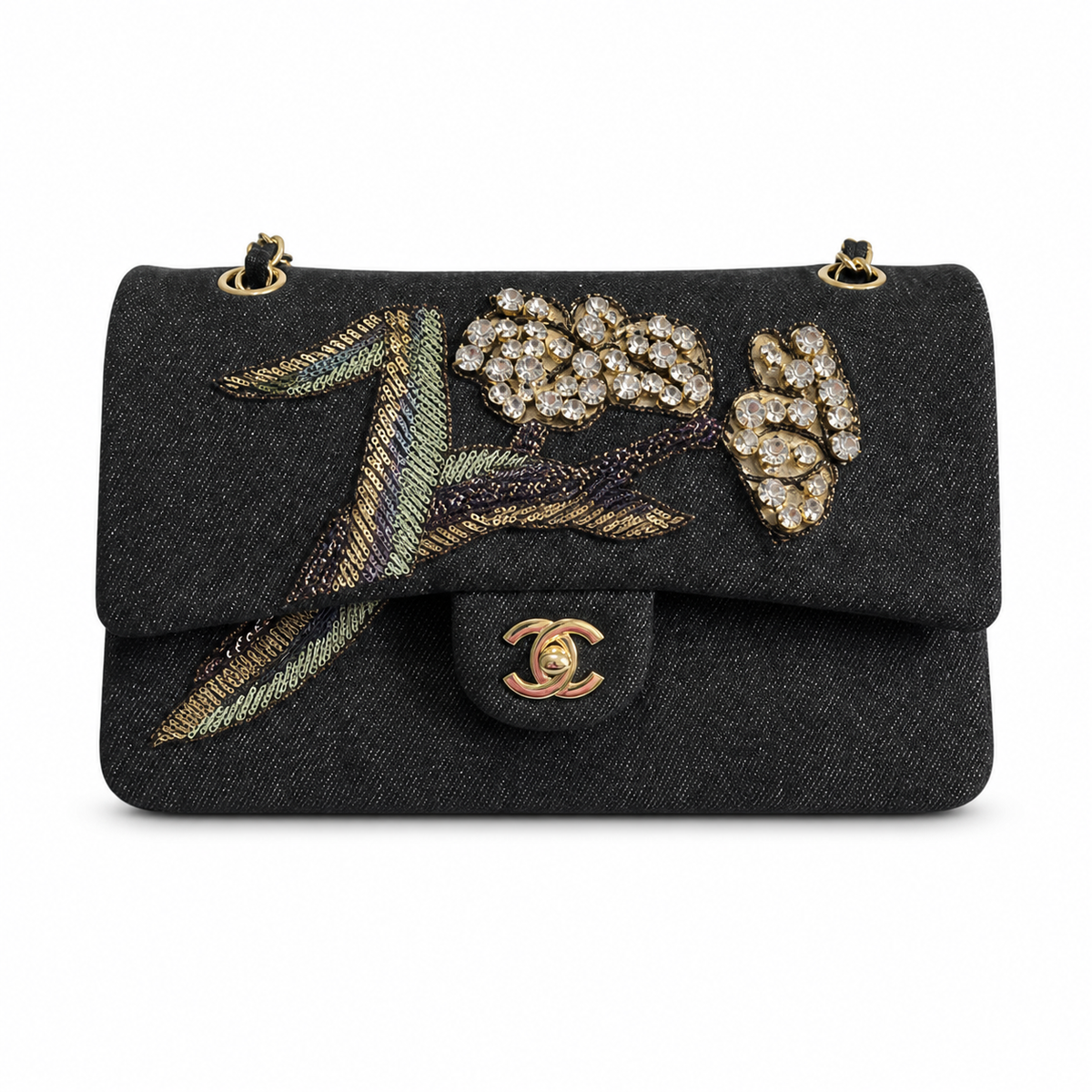 CHANEL Black Denim Sequin Crystal Floral Embroidered Flap Bag