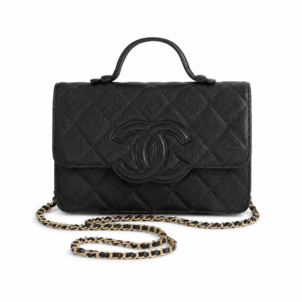 Chanel CC Filigree Quilted Caviar Leather Top Handle Crossbody Bag Black