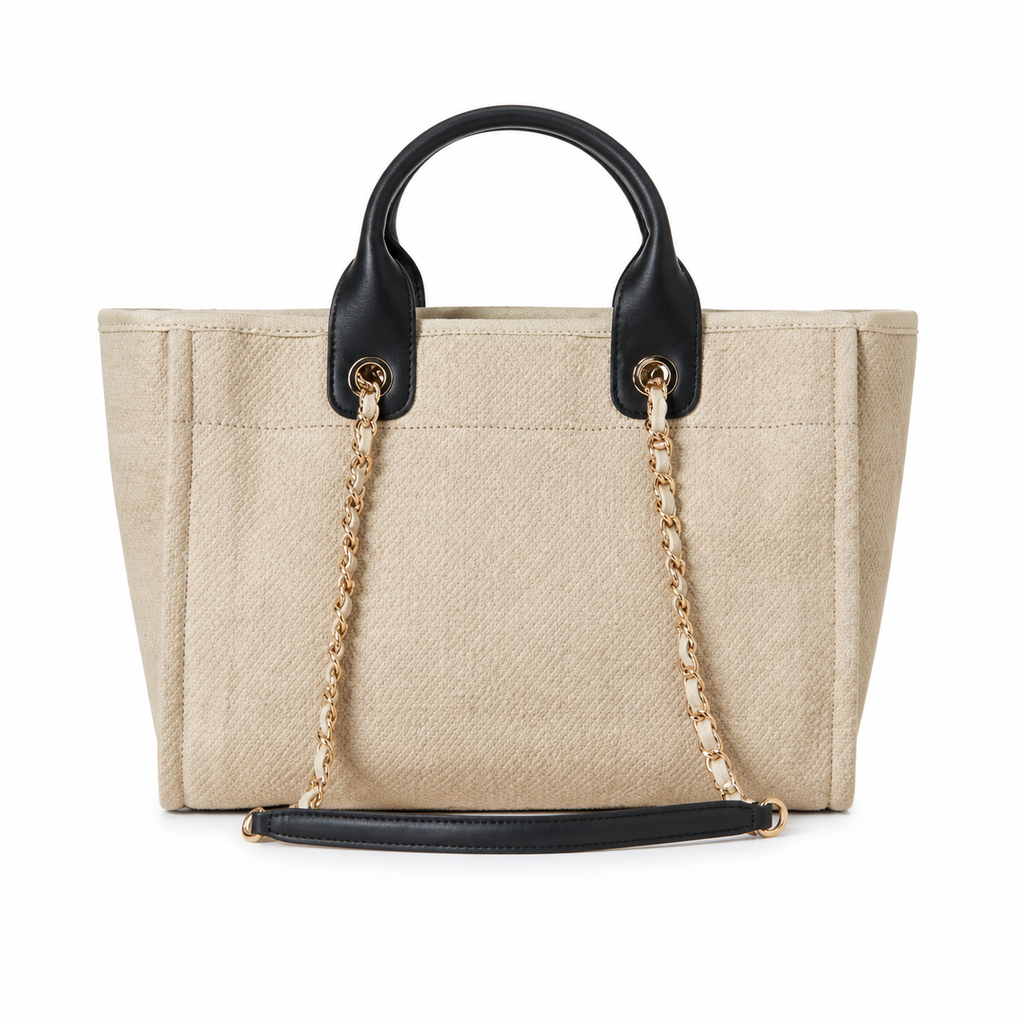 Chanel Deauville Tote Large Beige Canvas Black Leather Handles Gold Chain Shoulder Bag 39cm