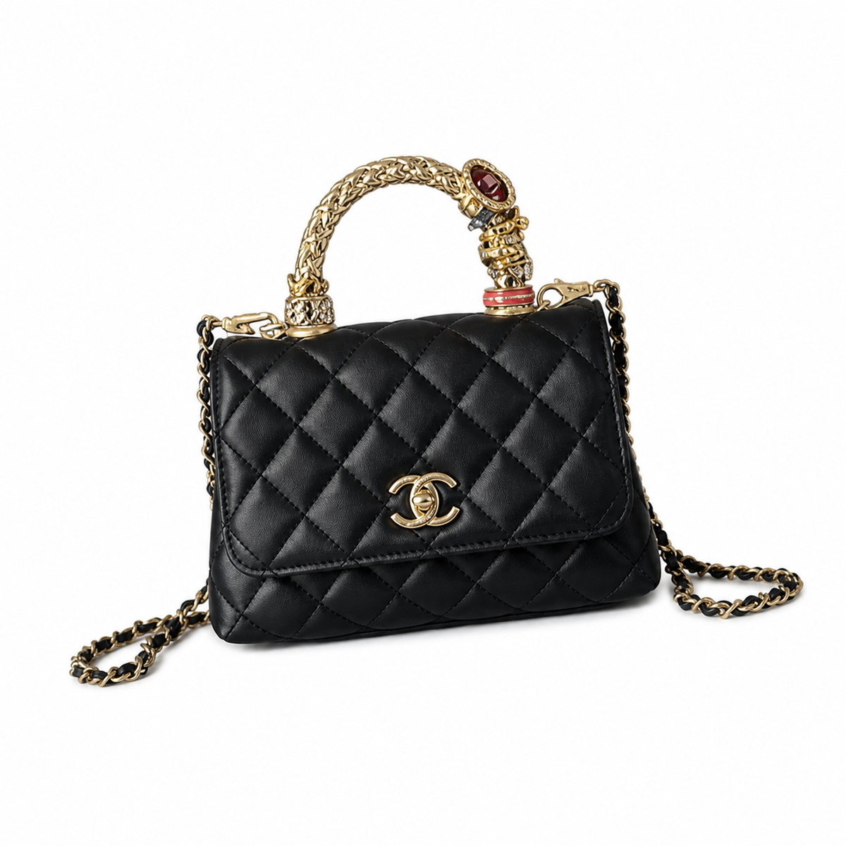 CHANEL Black Quilted Lambskin Jewel Ring Top Handle Flap Chain Bag