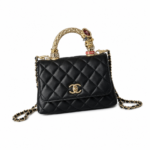 CHANEL Black Quilted Lambskin Jewel Ring Top Handle Flap Chain Bag