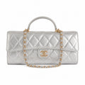 Chanel Silver Quilted Metallic Leather Elongated Flap Bag | Gold CC Lock | 9.5×25×5cm
