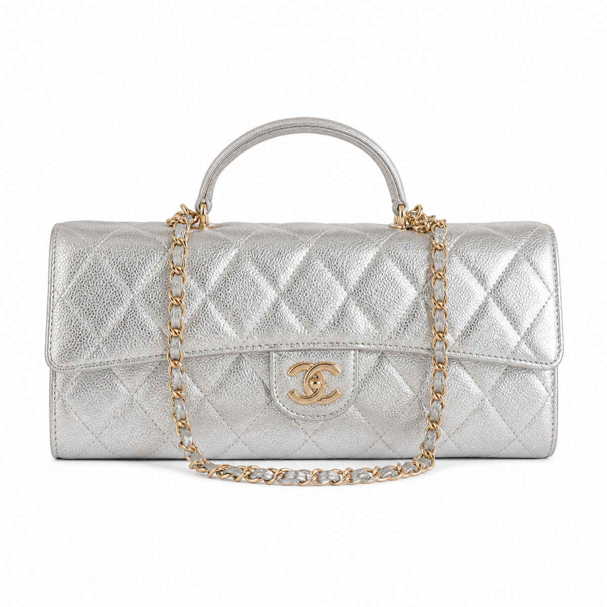 Chanel Silver Quilted Metallic Leather Elongated Flap Bag | Gold CC Lock | 9.5×25×5cm