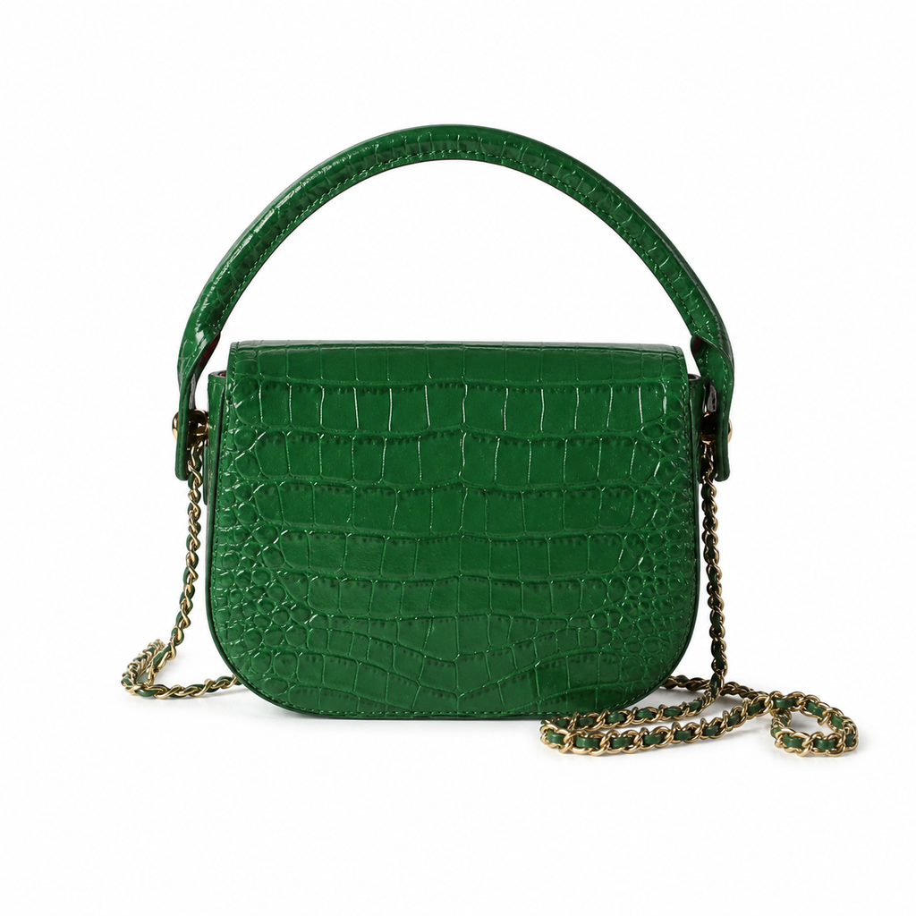 Chanel Flap Bag | Emerald Green Crocodile-Embossed Leather Top Handle & Gold Chain | 19.6cm