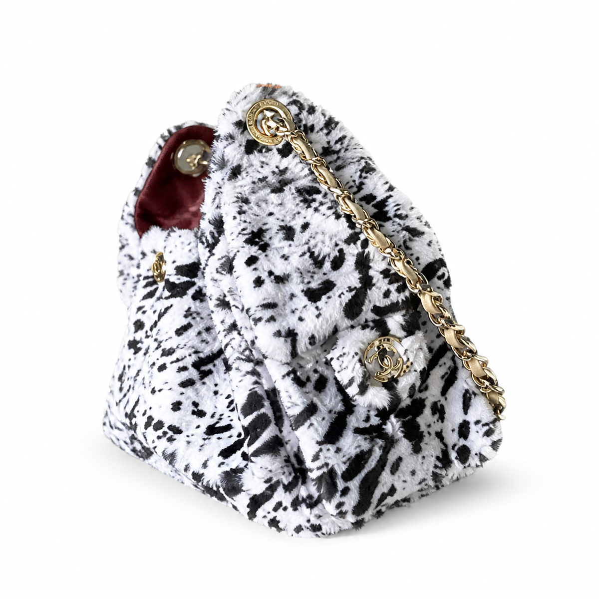 Chanel Black White Dalmatian Faux Fur Quilted Flap Bag Gold Chain