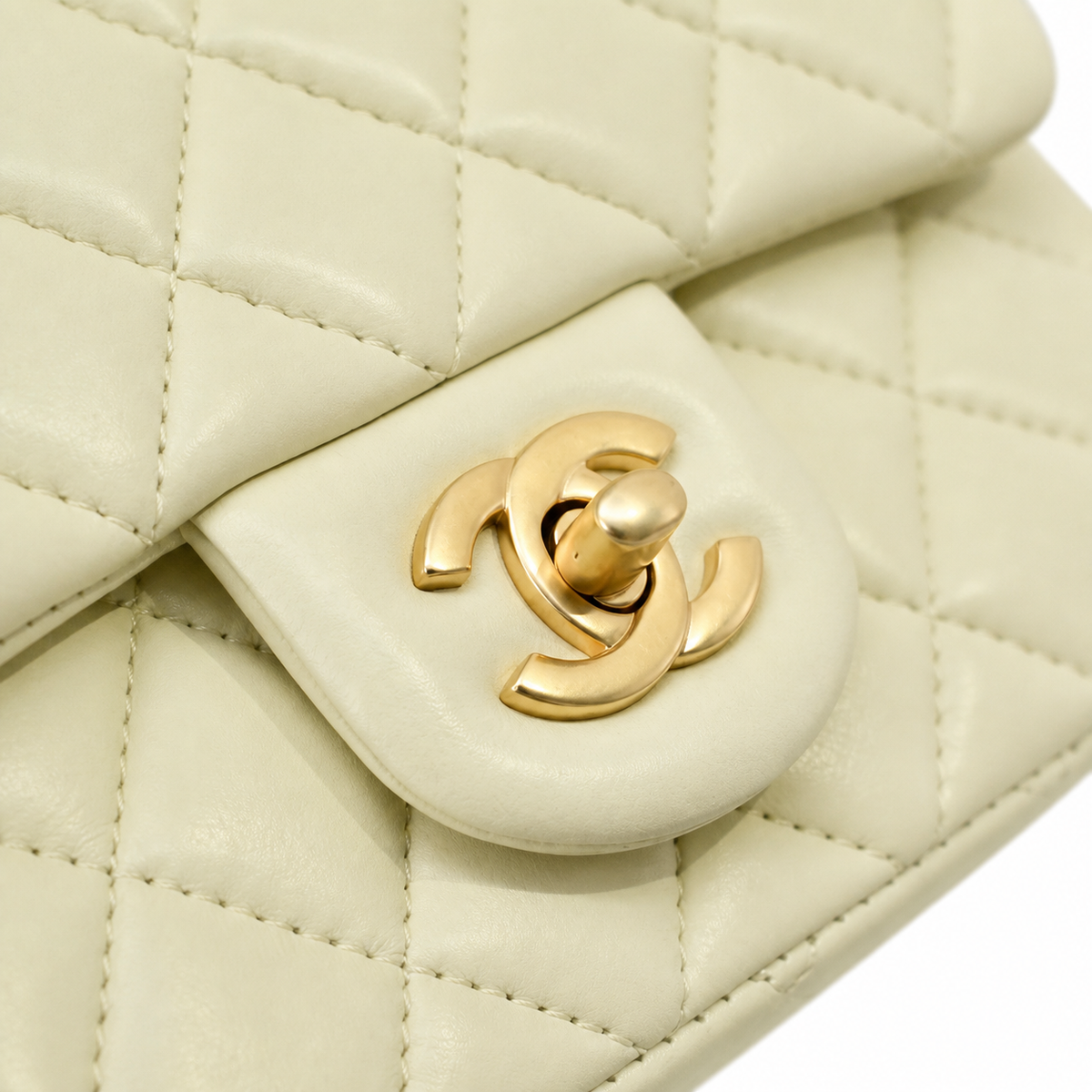 Chanel Pearl Crush Mini Square Flap Bag Cream Lambskin Gold Pearl Chain 18cm
