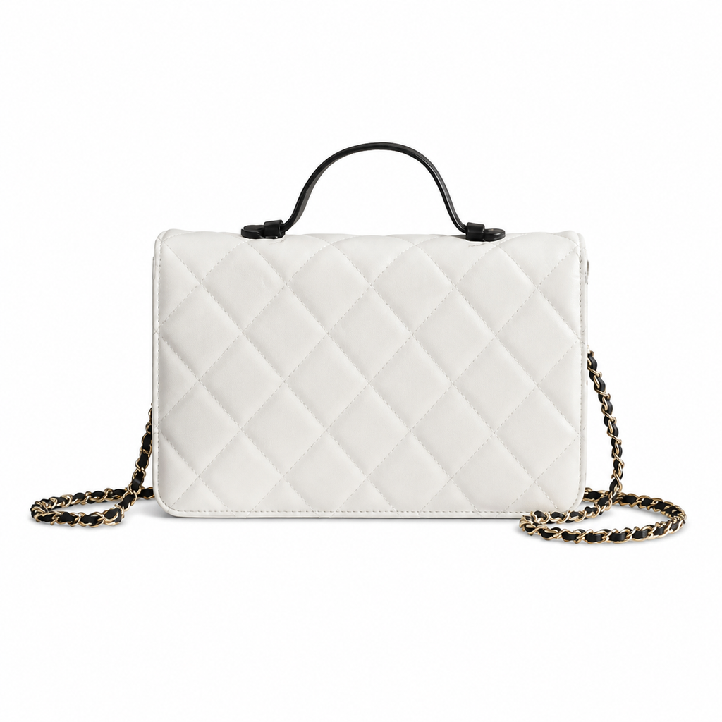 Chanel White Caviar Quilted Box Bag Top Handle Black Leather Gold CC Turn-Lock Chain Crossbody 24cm