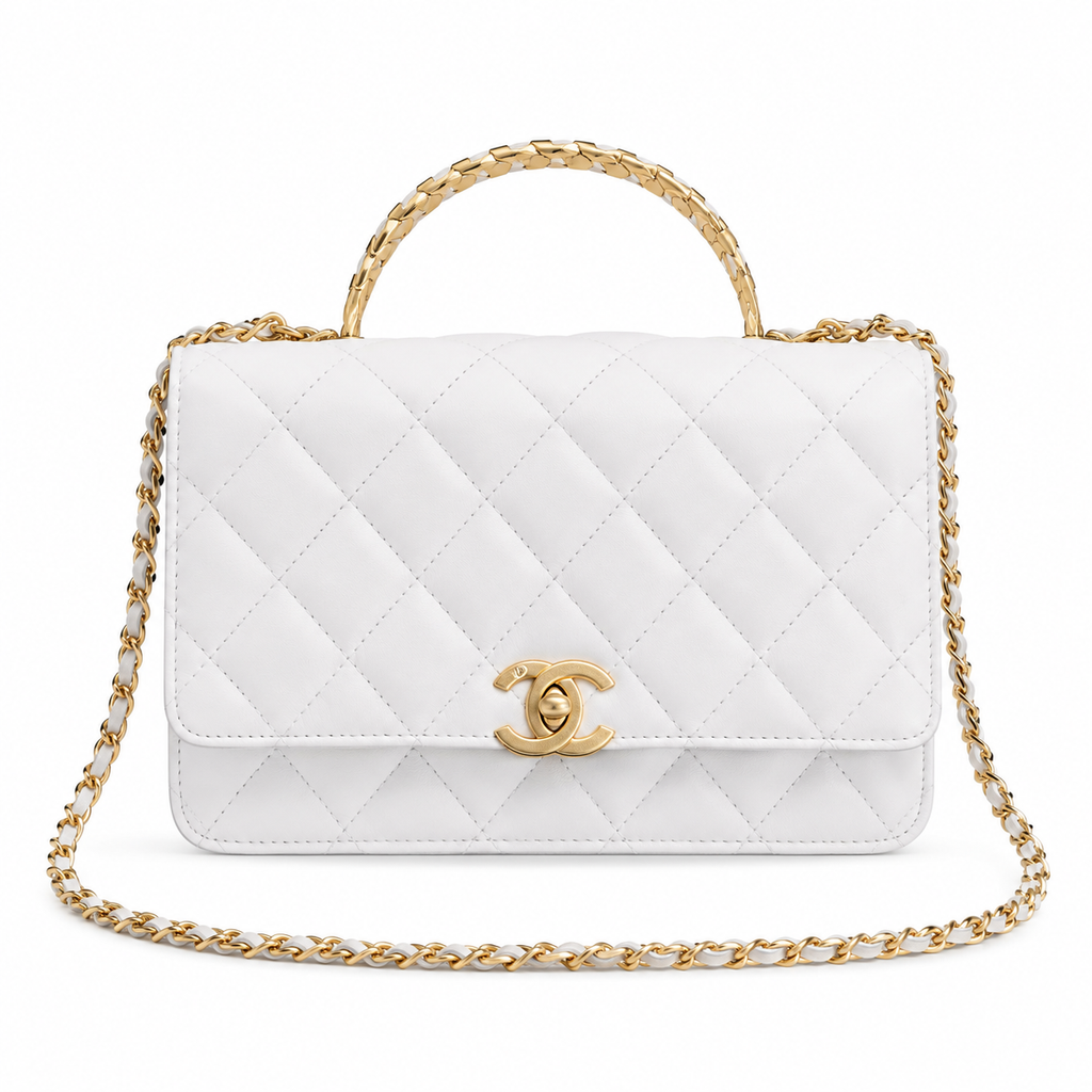 Chanel White Quilted Lambskin Flap Bag | Top Handle & Gold CC Chain