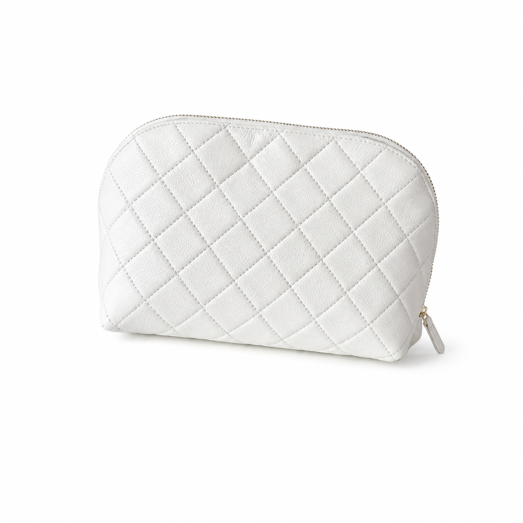 Chanel White Quilted Caviar Clamshell Cosmetic Pouch Beauty Case Gold CC Logo Gold Zipper 19cm