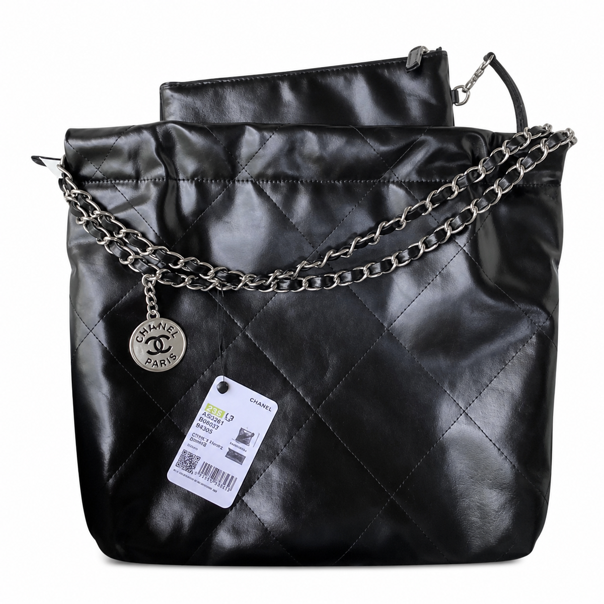 Chanel 22 Large Bag Black Shiny Calfskin Silver Chain CC Medallion 35cm