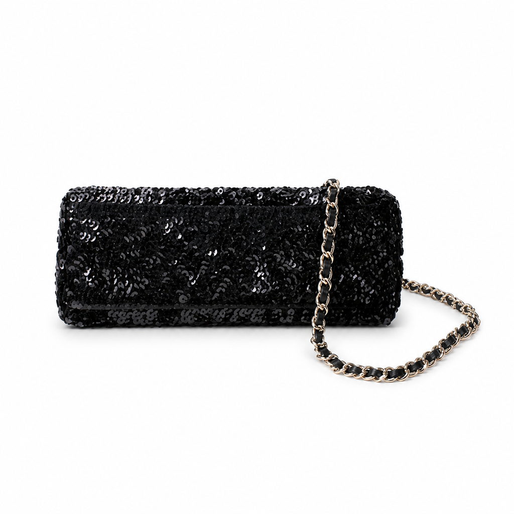 Chanel Black Sequin Cylinder Roll Evening Bag Silver Chain Clutch Crossbody