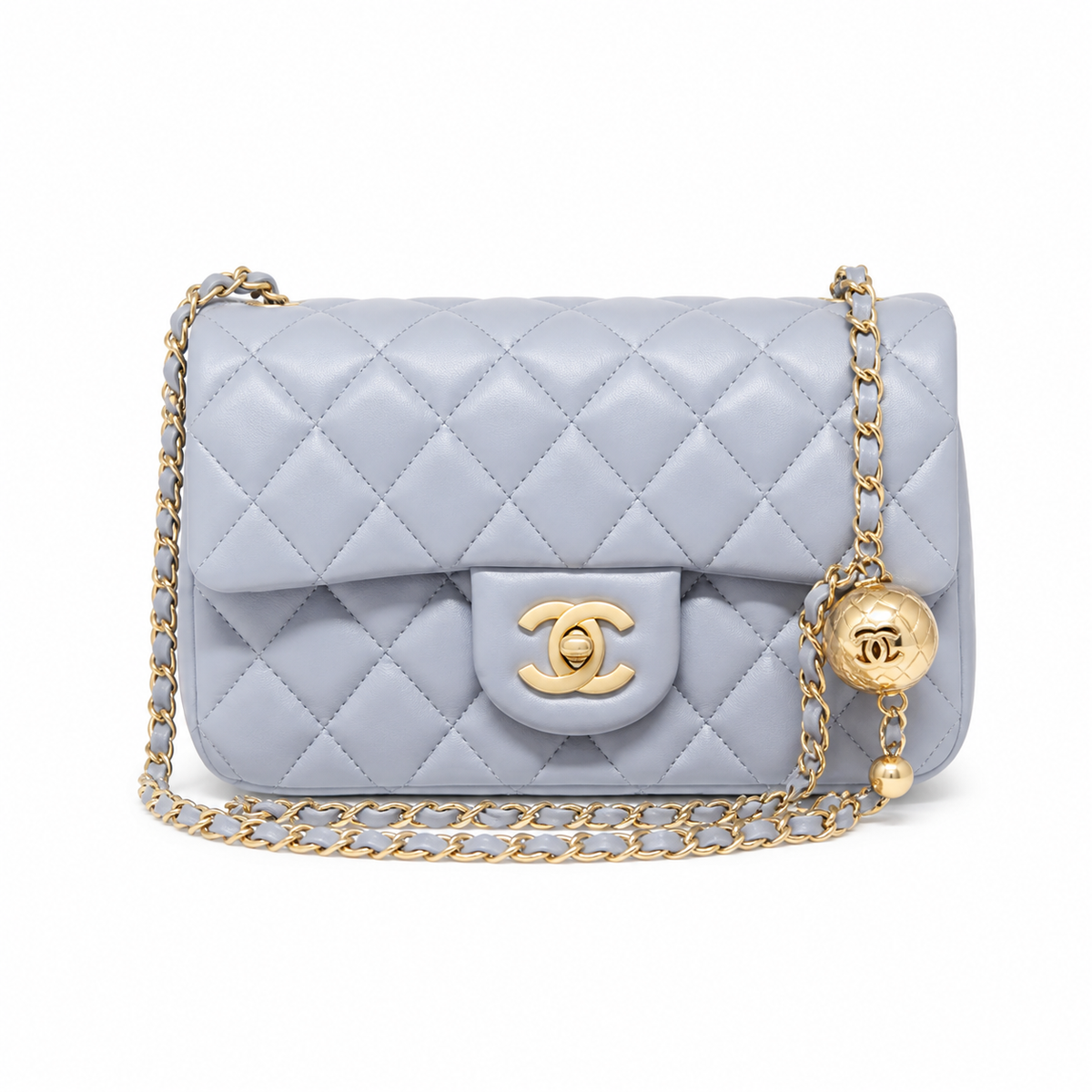 Chanel Pearl Crush Mini Flap Bag Powder Blue Lambskin Gold CC Turn-Lock Ball Charm Chain 20cm