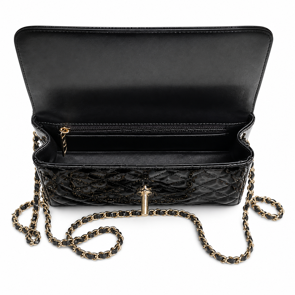 Chanel Black Patent Leather Quilted Mini Flap Bag | Top Handle & Gold CC | 20cm