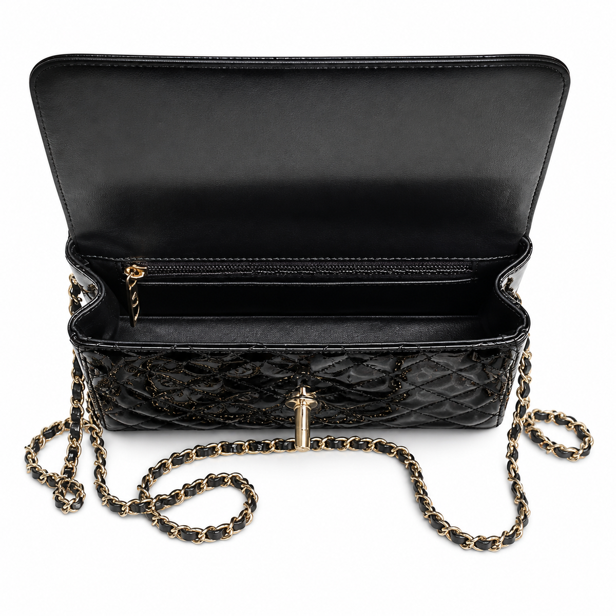 Chanel Black Patent Leather Quilted Mini Flap Bag | Top Handle & Gold CC | 20cm