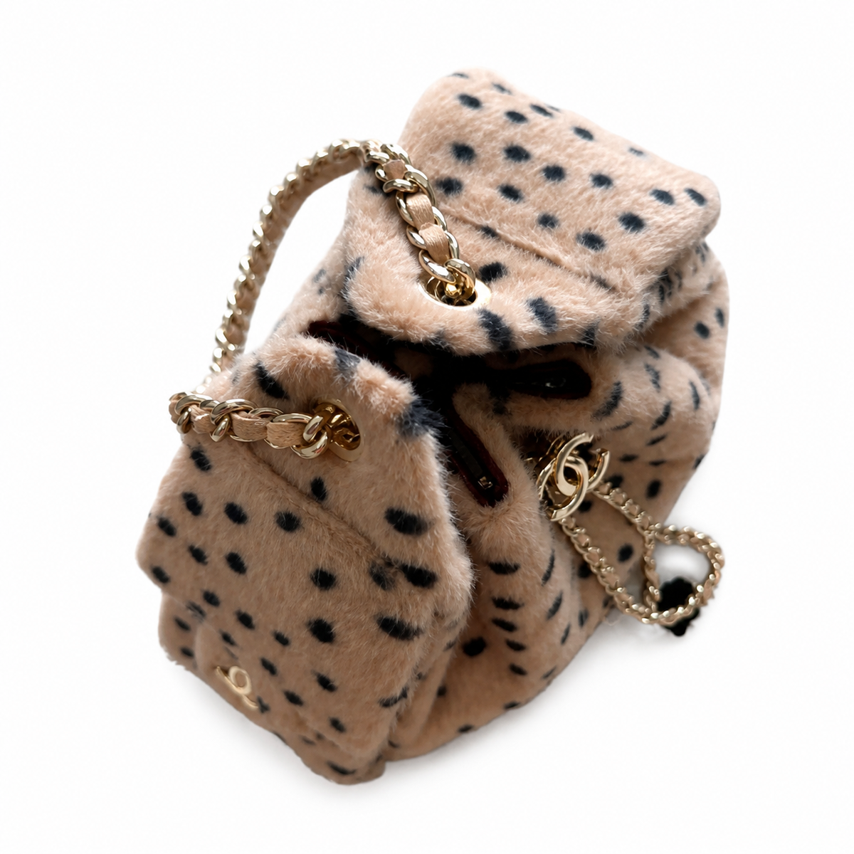 Chanel Beige Polka Dot Faux Fur Mini Backpack Gold CC Pearl Chain