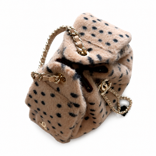 Chanel Beige Polka Dot Faux Fur Mini Backpack Gold CC Pearl Chain