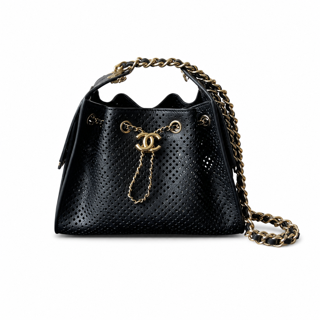 Chanel Black Perforated Leather Drawstring Bucket Bag Antique Gold