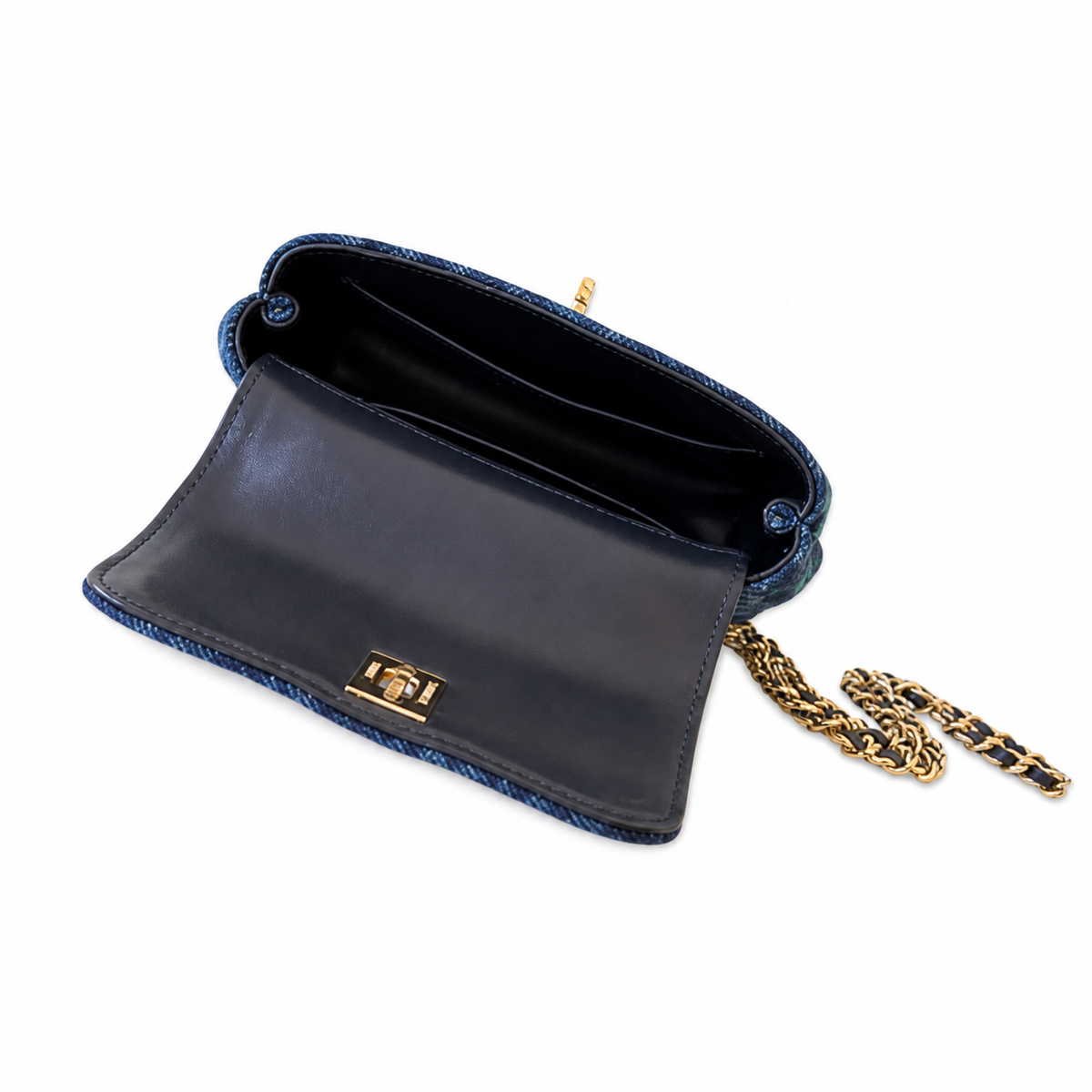 Chanel Navy Blue Denim Quilted Coco Handle Mini Flap Bag | Gold Chain | 11.5×14.5×5.5cm