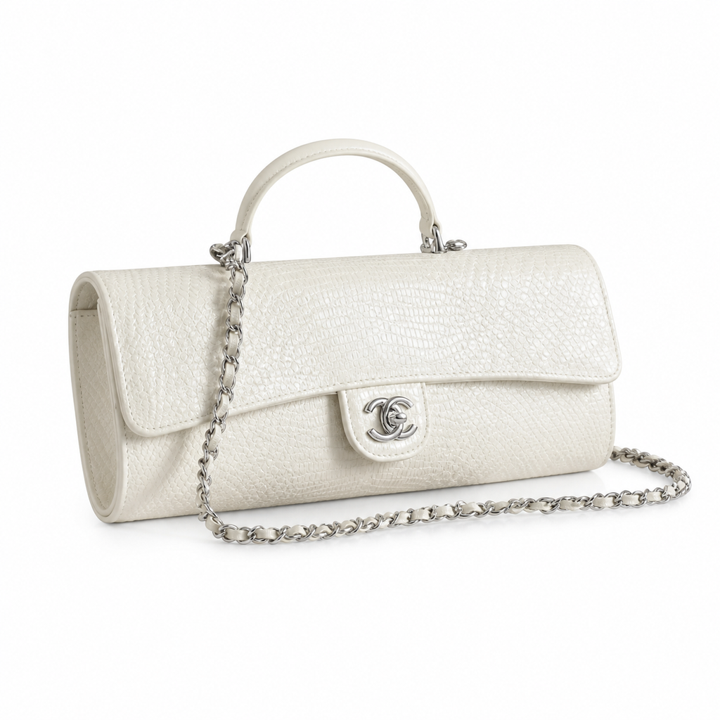 Chanel White Textured Leather Elongated Flap Crossbody Bag | Silver CC Lock | 9.5×25×5cm