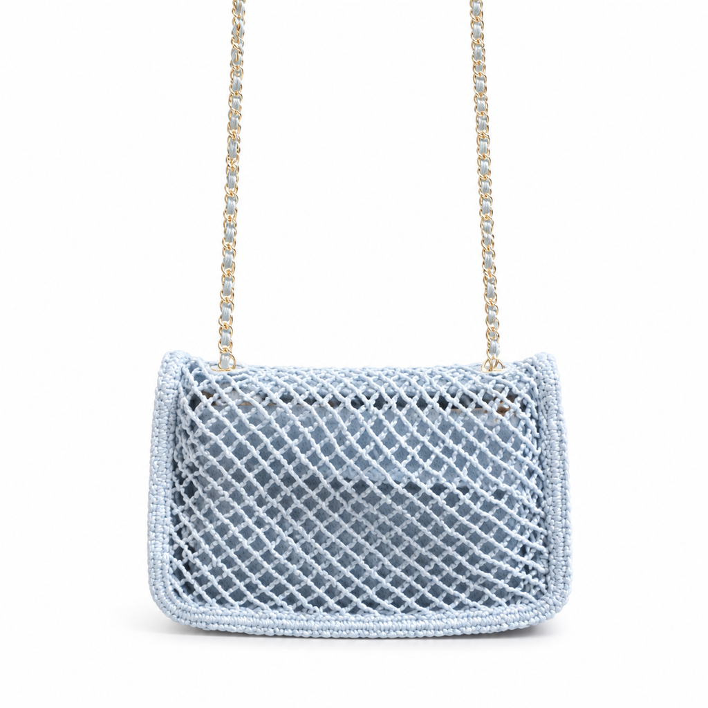 CHANEL Ice Blue Woven Mesh Flap Bag Pearl Trim Gold Chain