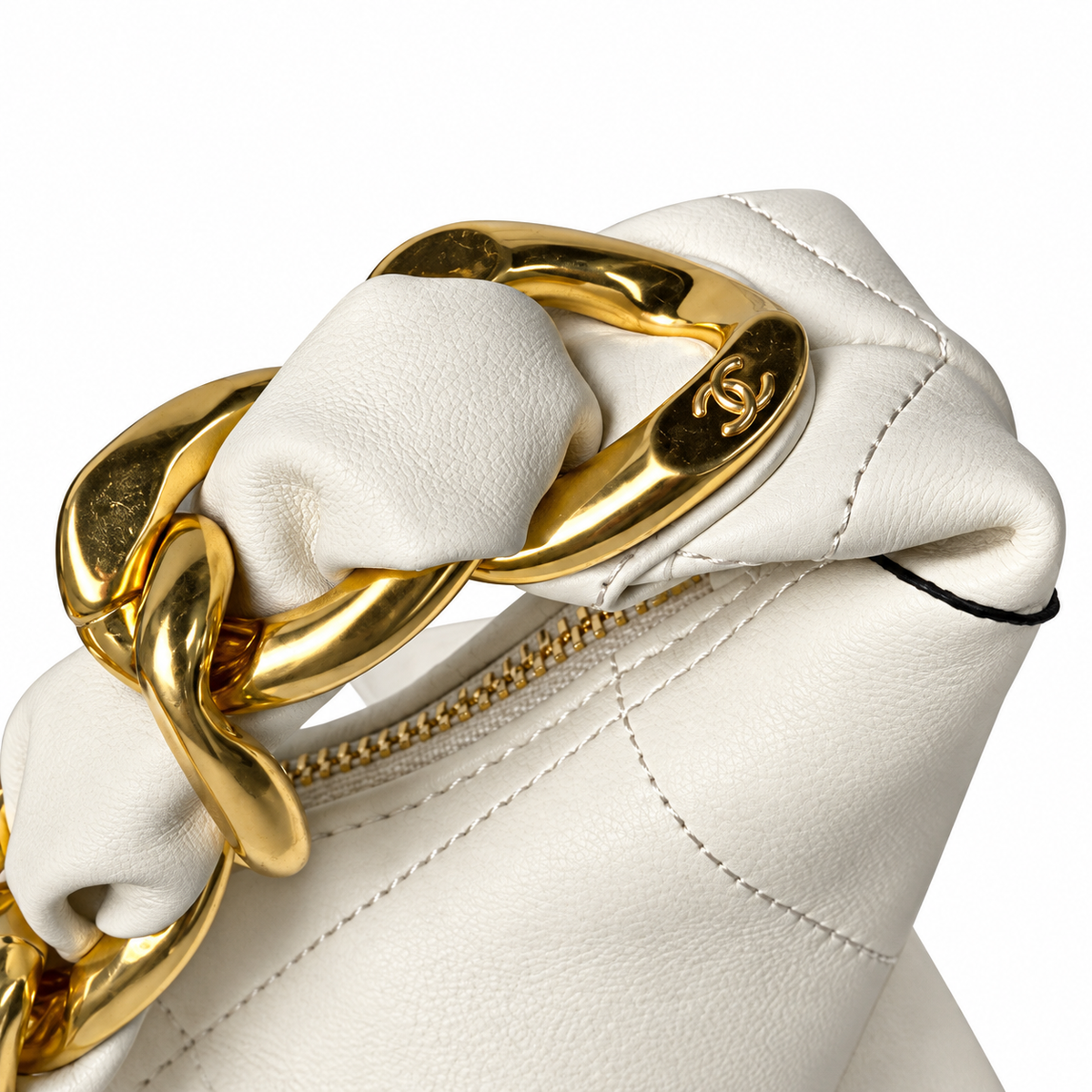 Chanel Zip Hobo Quilted Lambskin Pearl White Chunky Chain Gold 28cm