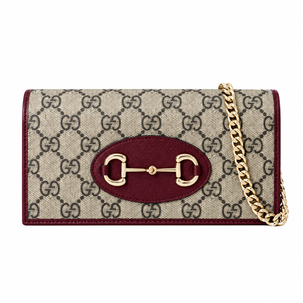 Gucci Horsebit 1955 Chain Wallet in GG Supreme Canvas with Bordeaux Leather Trim