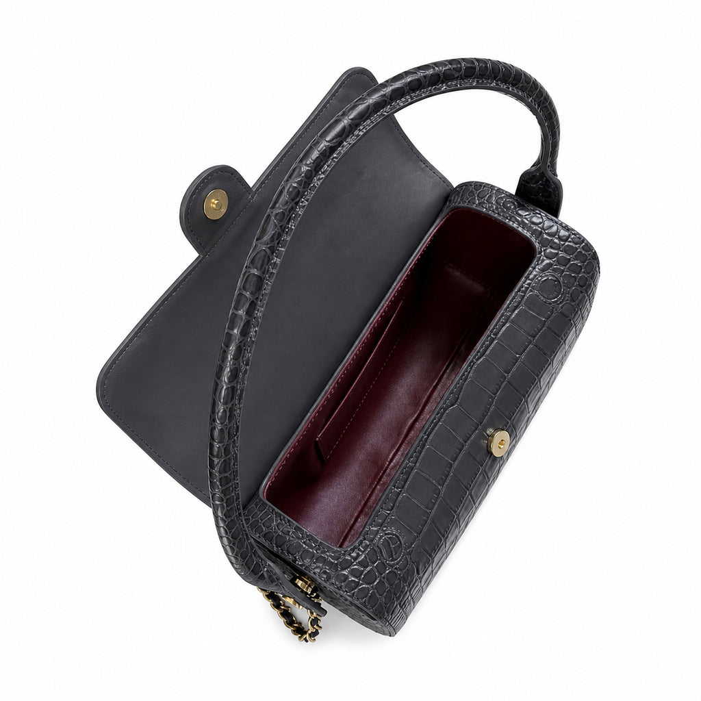 Chanel Navy Croc-Embossed Leather Barrel Crossbody Bag | Gold Magnetic Clasp | 11×23×12.5cm