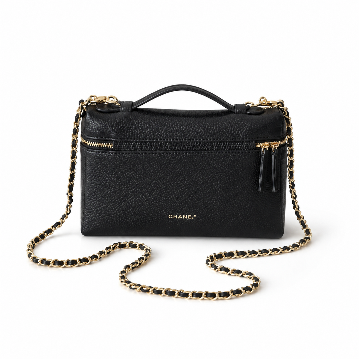 Chanel Black Pebbled Leather Mini Top Handle Zip Bag Gold Chain Crossbody