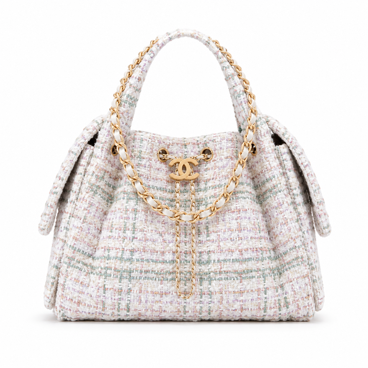 CHANEL Drawstring Bucket Bag – Ivory Pastel Tweed Light Gold Hardware CC Chain 26×13.5×30cm