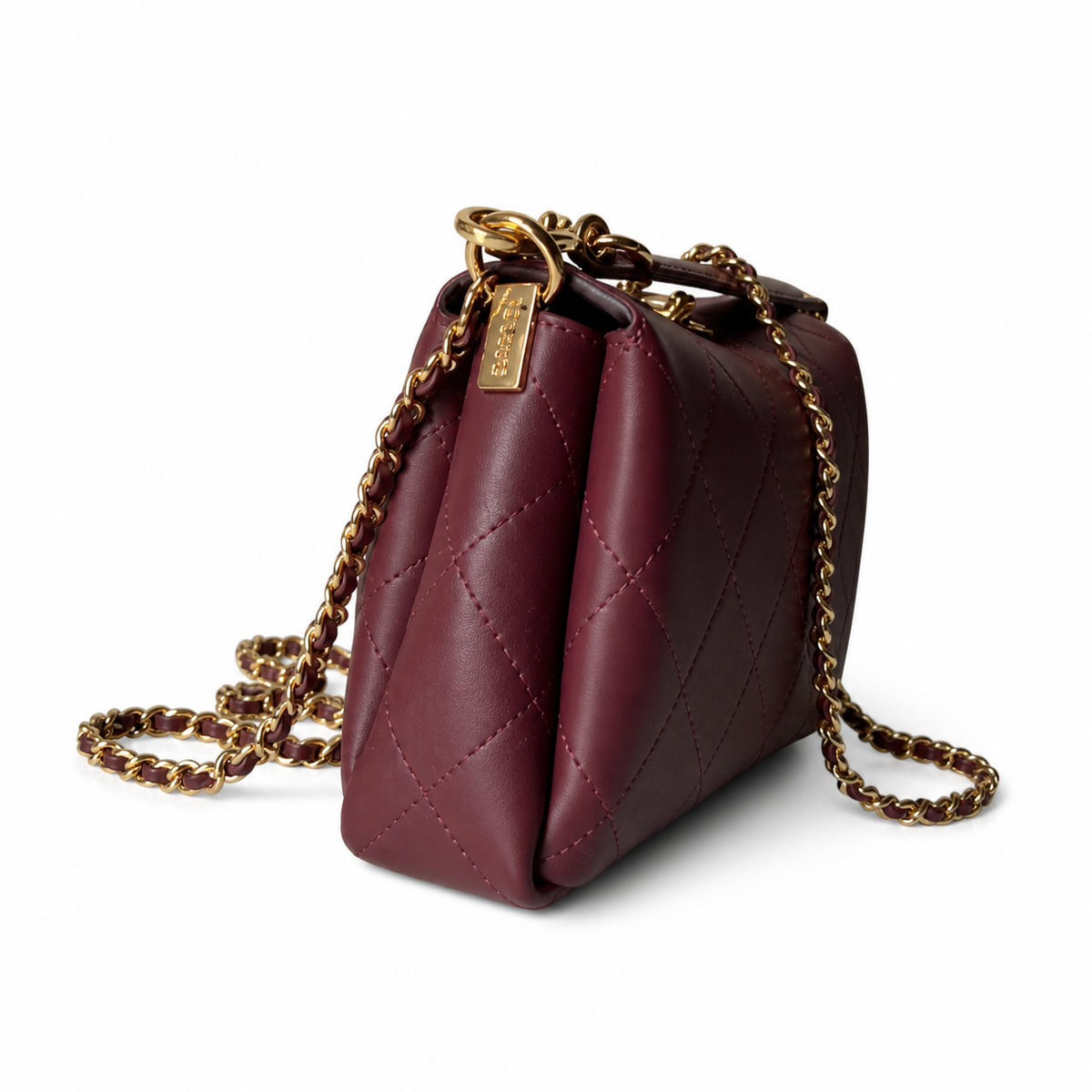 Chanel Mini Box Bag | Burgundy Quilted Lambskin Gold Chain Top Handle | 23cm