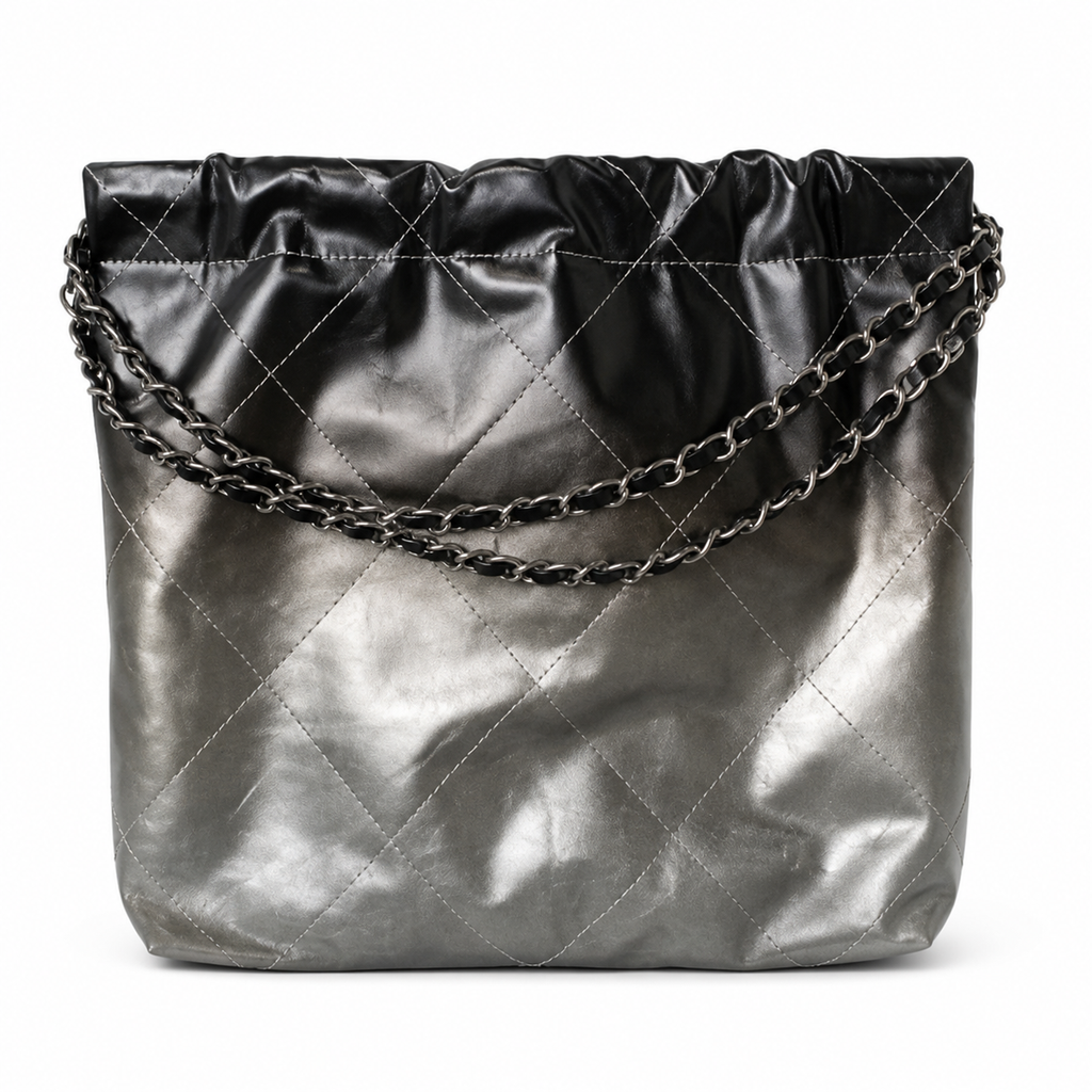 Chanel 22 Large Bag Black Silver Gradient Metallic Calfskin Silver Chain 35cm