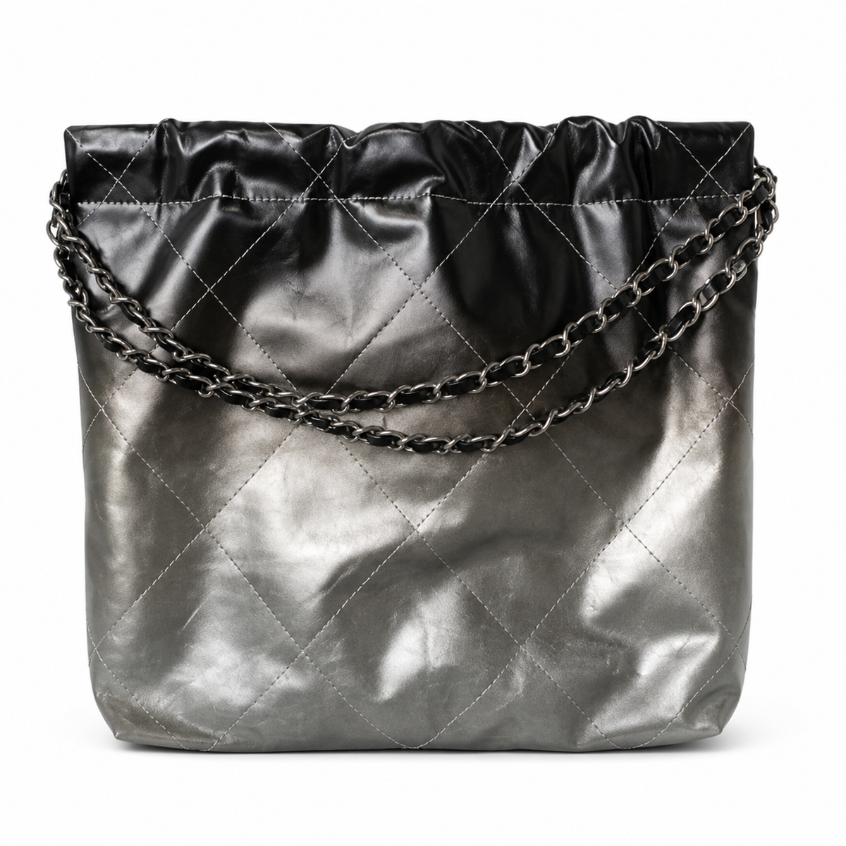 Chanel 22 Large Bag Black Silver Gradient Metallic Calfskin Silver Chain 35cm