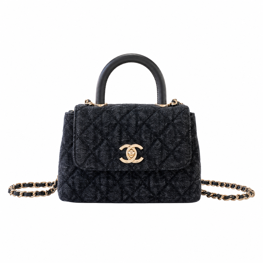Chanel Black Denim Quilted Coco Handle Mini Flap Bag | Gold CC | 11.5×14.5×5.5cm