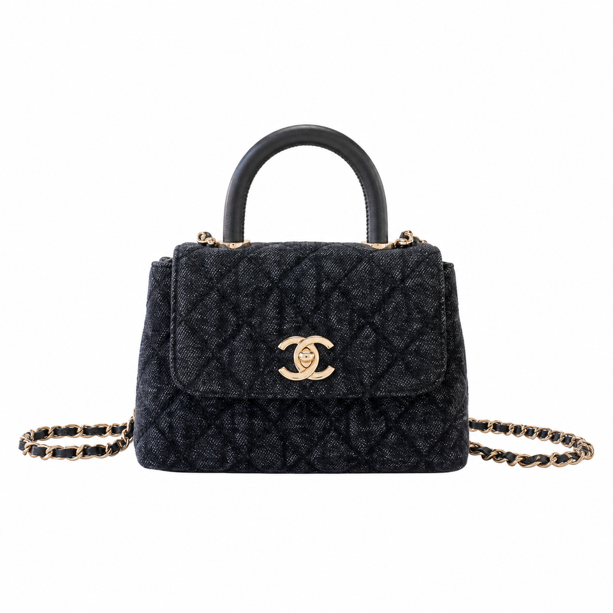 Chanel Black Denim Quilted Coco Handle Mini Flap Bag | Gold CC | 11.5×14.5×5.5cm